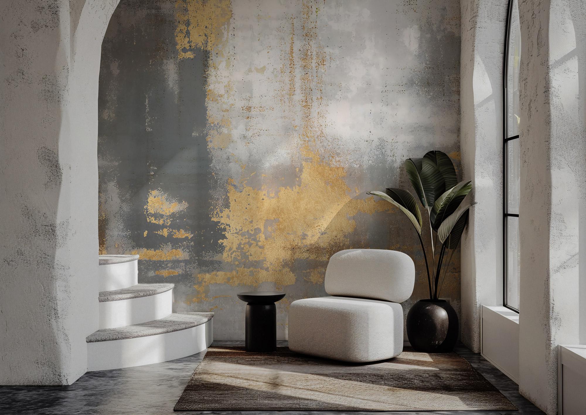 Abstract Gold & Gray Concrete Texture Wallpaper Mural: Metallic Accents - View 3