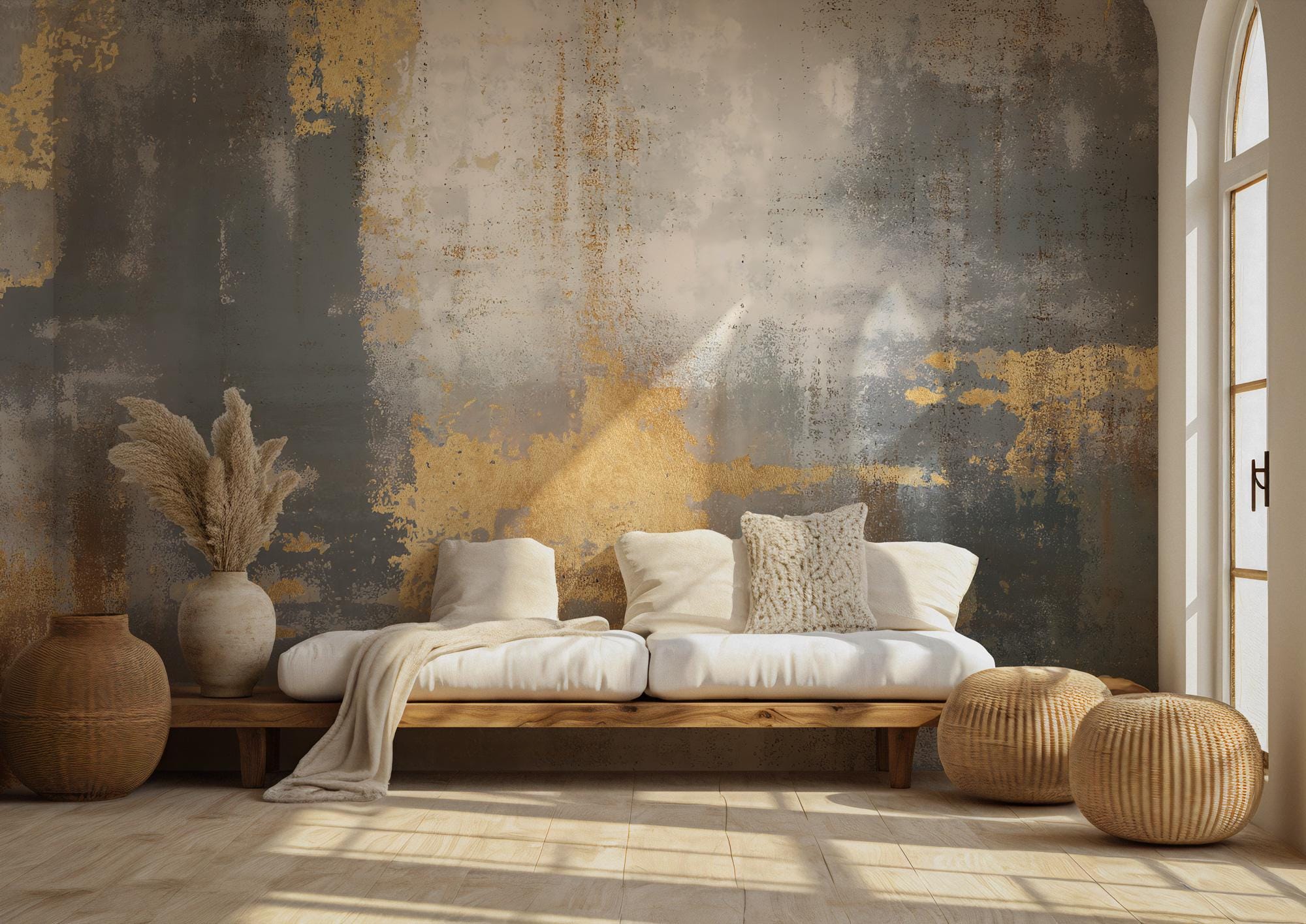 Abstract Gold & Gray Concrete Texture Wallpaper Mural: Metallic Accents - View 4