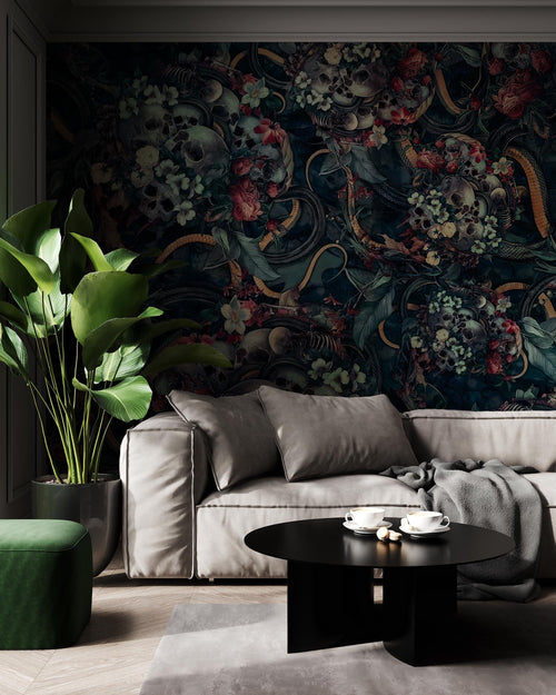 Dark Skull Floral Wallpaper: Dark Cottagecore Wall Mural