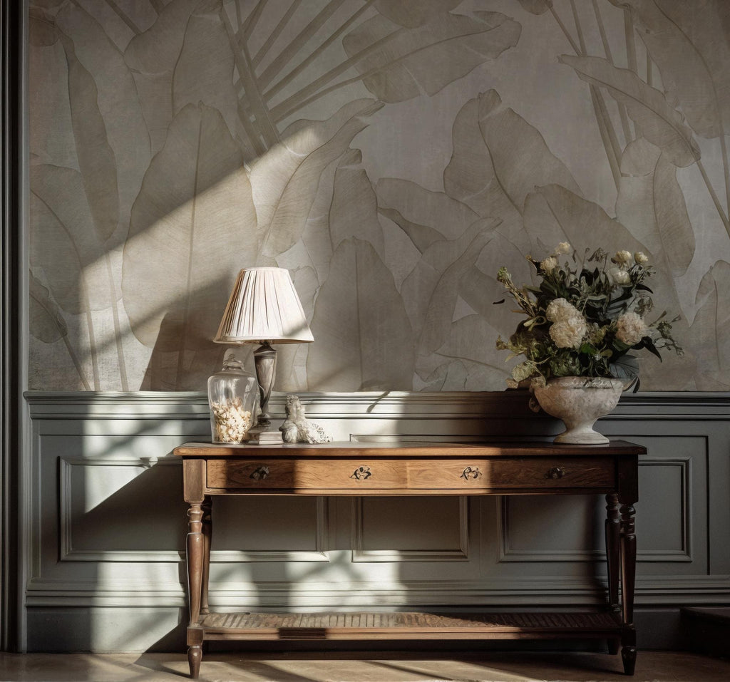 Big Tropical Leaf Wallpaper, Beige Floral Wall Mural, Peel & Stick - View 5