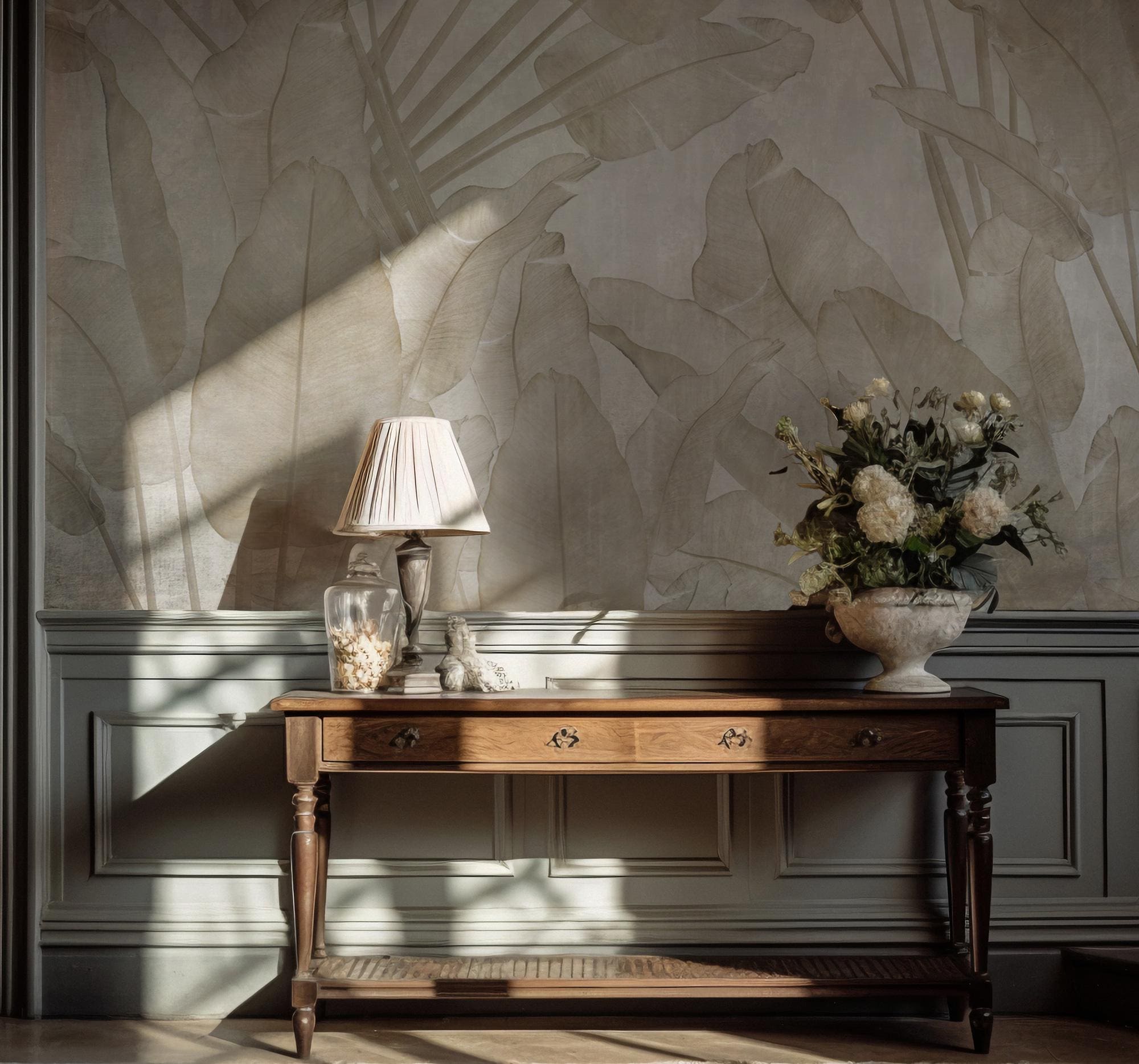 Big Tropical Leaf Wallpaper, Beige Floral Wall Mural, Peel & Stick - View 5