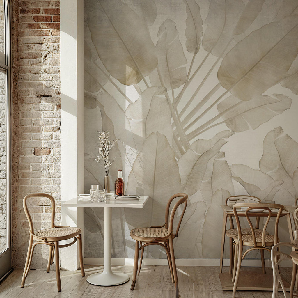 Big Tropical Leaf Wallpaper, Beige Floral Wall Mural, Peel & Stick - View 3