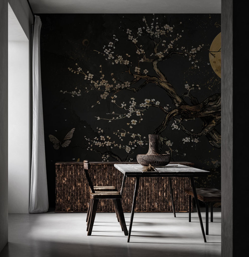 Japanese Plum Blossom Wallpaper Mural: Dark Floral Tree Art with Gold - View 5