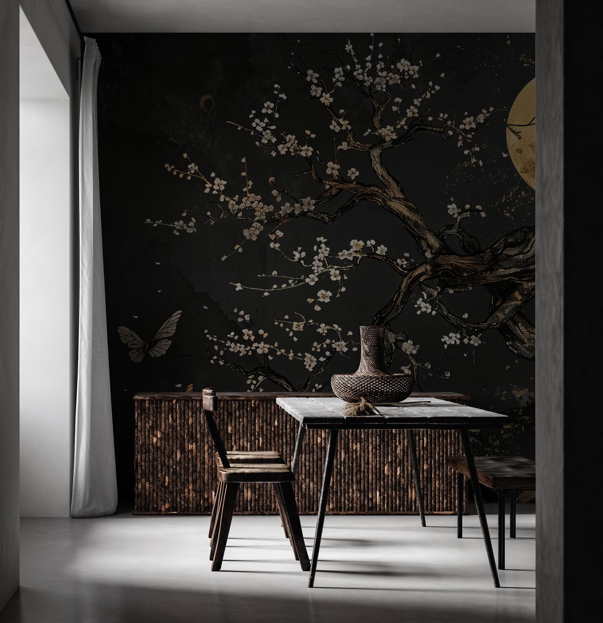 Japanese Plum Blossom Wallpaper Mural: Dark Floral Tree Art with Gold - View 5