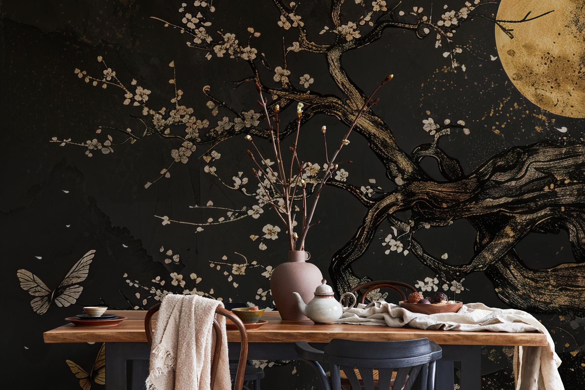Japanese Plum Blossom Wallpaper Mural: Dark Floral Tree Art with Gold