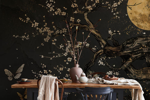 Japanese Plum Blossom Wallpaper Mural: Dark Floral Tree Art with Gold