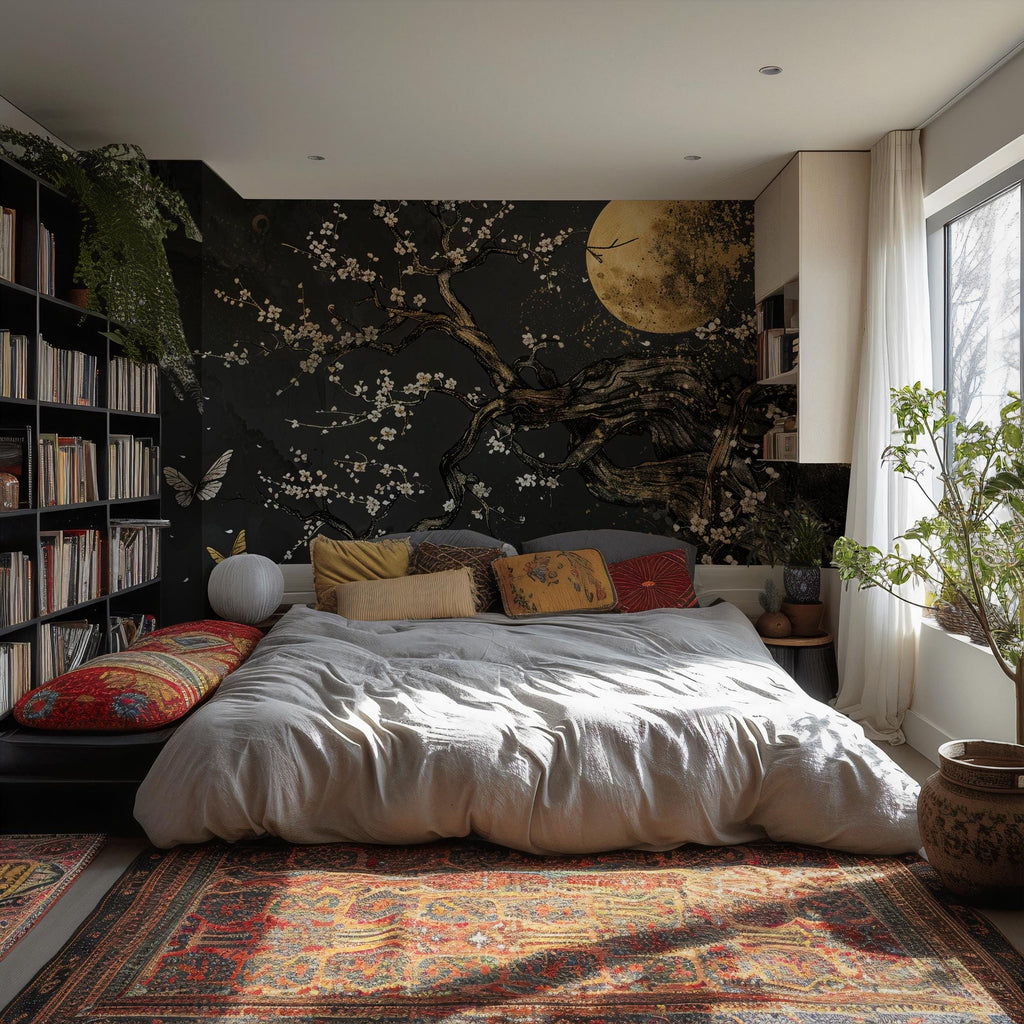 Japanese Plum Blossom Wallpaper Mural: Dark Floral Tree Art with Gold - View 2