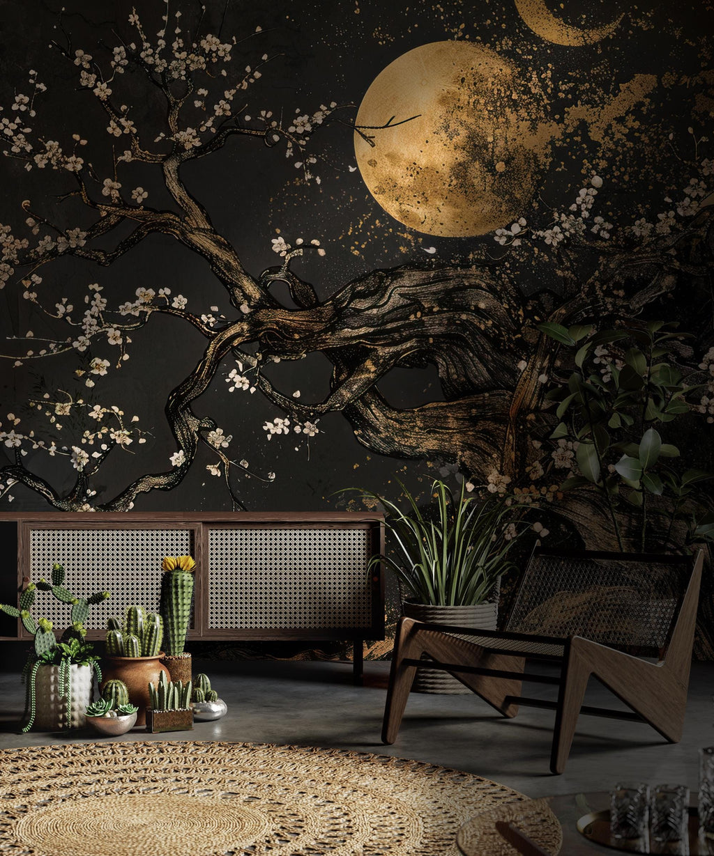 Japanese Plum Blossom Wallpaper Mural: Dark Floral Tree Art with Gold - View 4