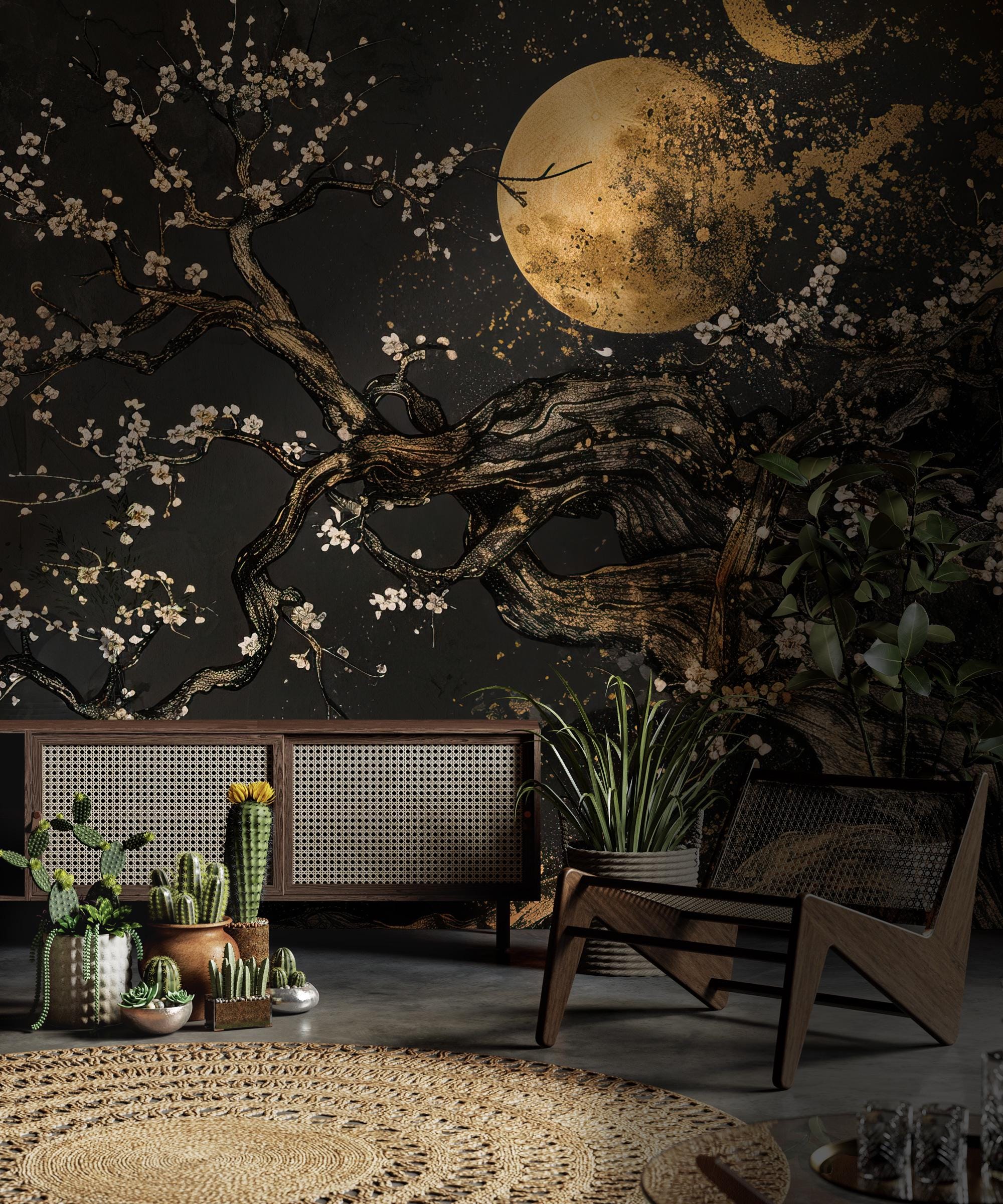 Japanese Plum Blossom Wallpaper Mural: Dark Floral Tree Art with Gold - View 4