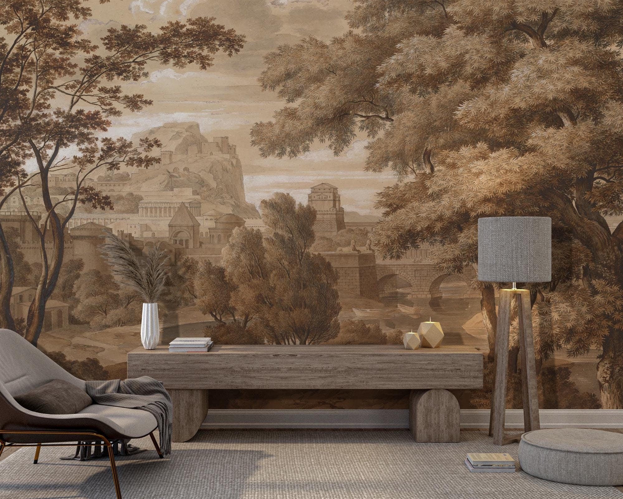 Vintage Scenic Landscape Wallpaper Mural: Ancient Countryside Peel and Stick