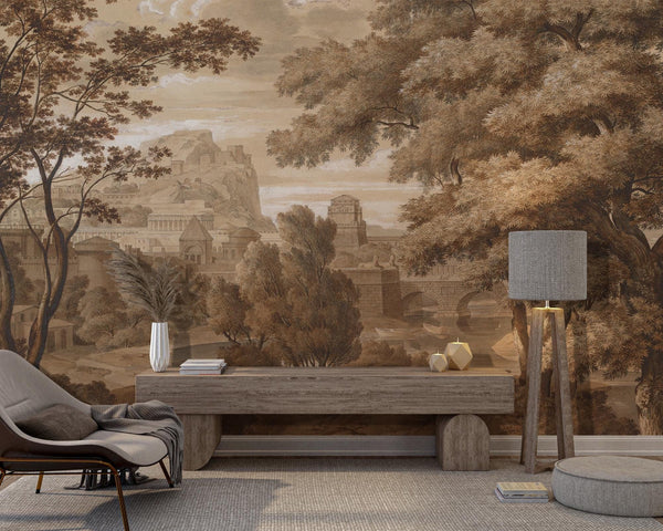 Vintage Scenic Landscape Wallpaper Mural: Ancient Countryside Peel and Stick