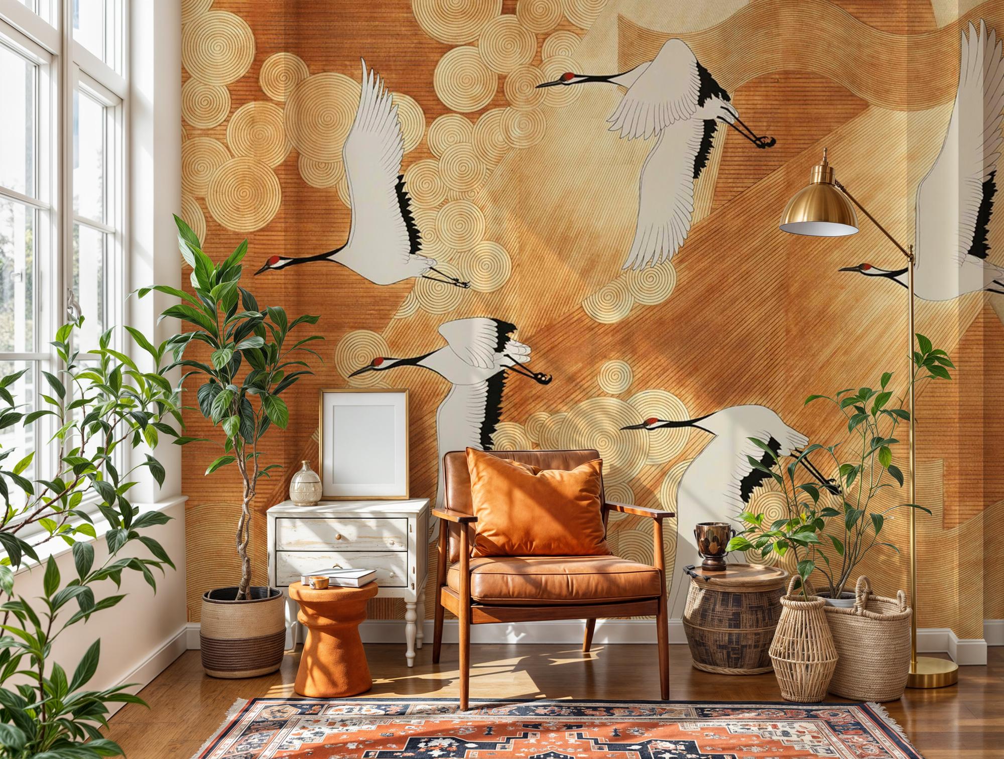 Japanese Crane Wallpaper Mural: Elegant Gold Line Art, Asian Decor