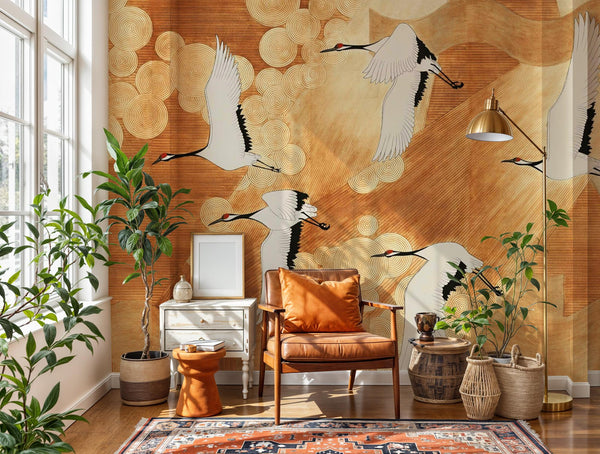 Japanese Crane Wallpaper Mural: Elegant Gold Line Art, Asian Decor