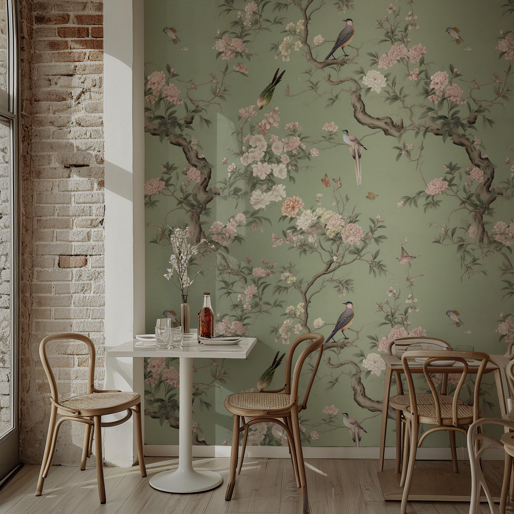 Vintage Chinoiserie Peel and Stick Wallpaper: Birds & Floral Mural - View 2