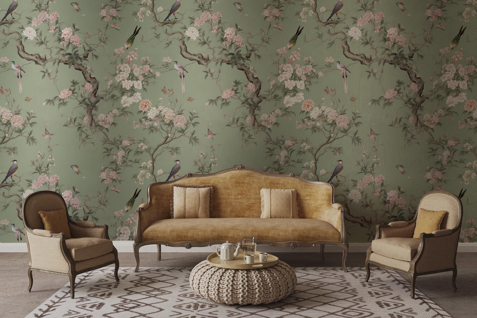 Vintage Chinoiserie Peel and Stick Wallpaper: Birds & Floral Mural - View 4