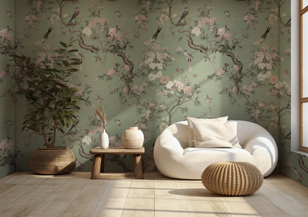 Vintage Chinoiserie Peel and Stick Wallpaper: Birds & Floral Mural - View 5
