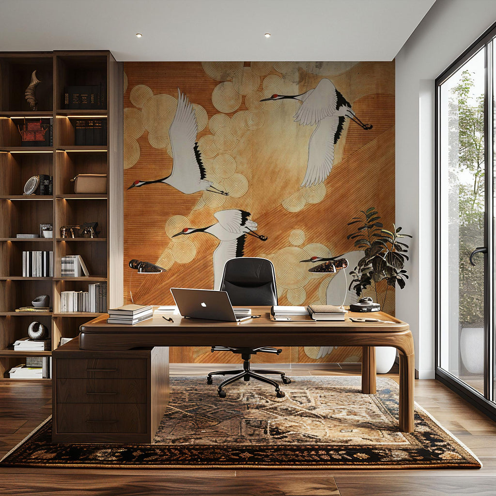Japanese Crane Wallpaper Mural: Elegant Gold Line Art, Asian Decor - View 3