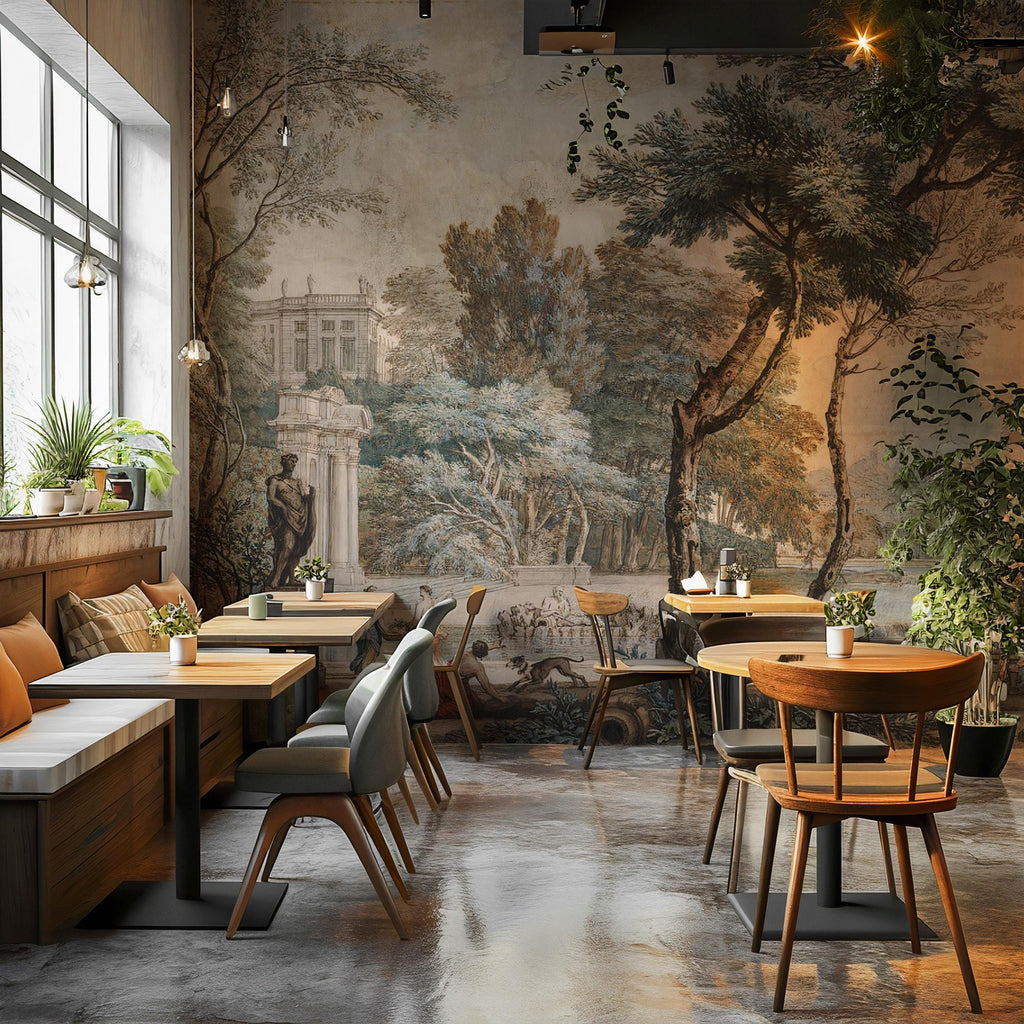 Vintage European Landscape Wallpaper Mural: Classical Garden Scene, Peel and Stick