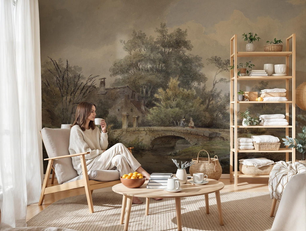 Vintage Countryside Scene Wallpaper Mural: Pastoral Landscape Peel & Stick
