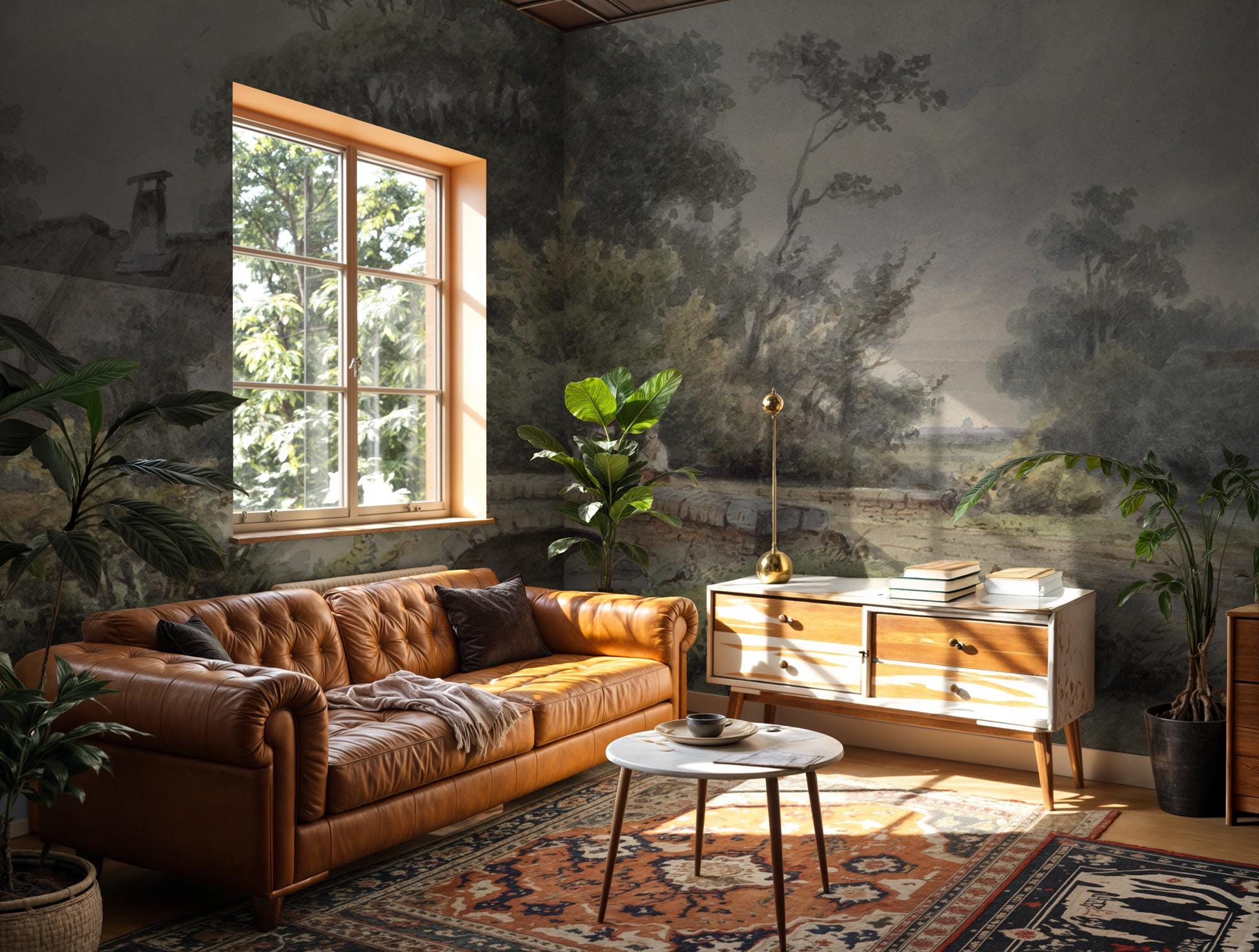 Vintage Countryside Scene Wallpaper Mural: Pastoral Landscape Peel & Stick - View 3