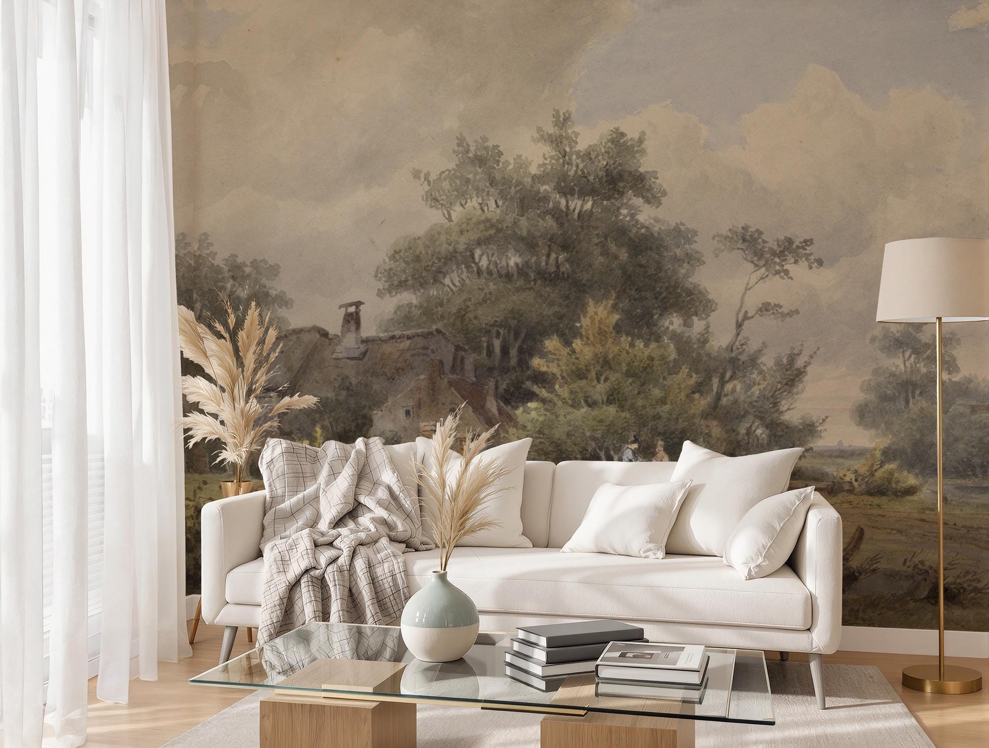 Vintage Countryside Scene Wallpaper Mural: Pastoral Landscape Peel & Stick - View 2