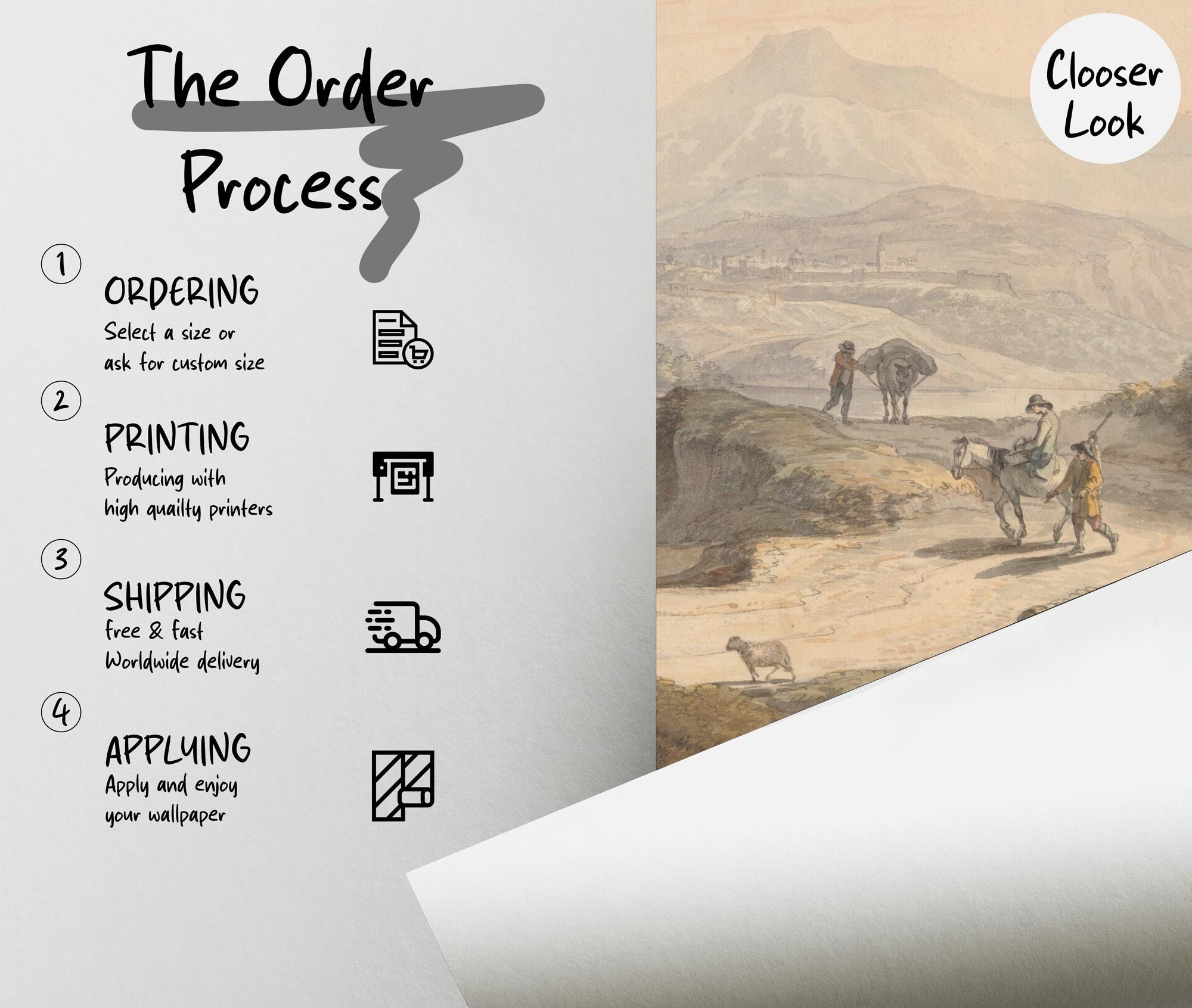 Pastoral Landscape Peel & Stick Wall Mural: Vintage Countryside Scene - View 6