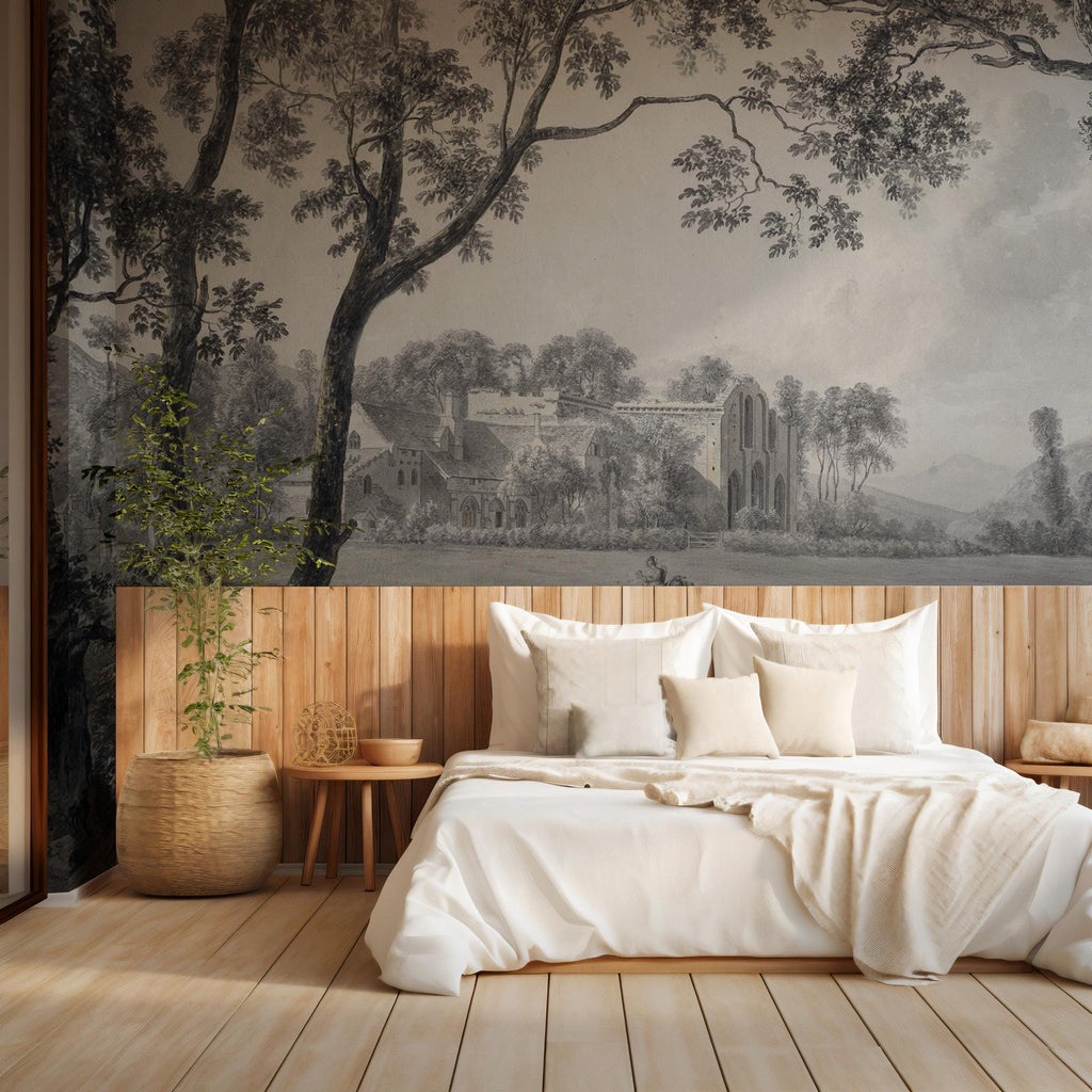 Vintage Grisaille Landscape Wallpaper Mural: Soft Grey Classical Scene, Custom Size - View 2