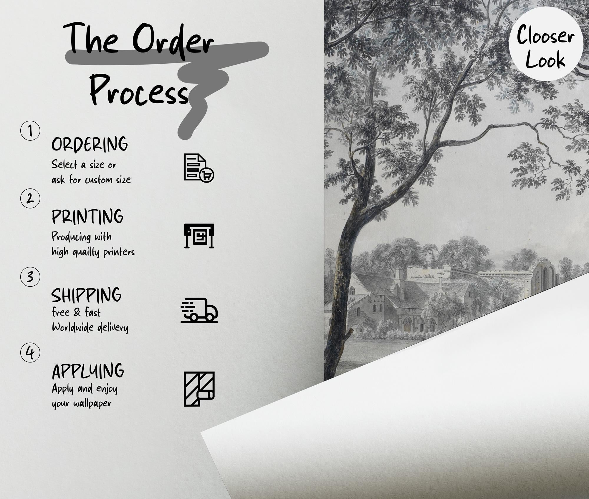 Vintage Grisaille Landscape Wallpaper Mural: Soft Grey Classical Scene, Custom Size - View 6