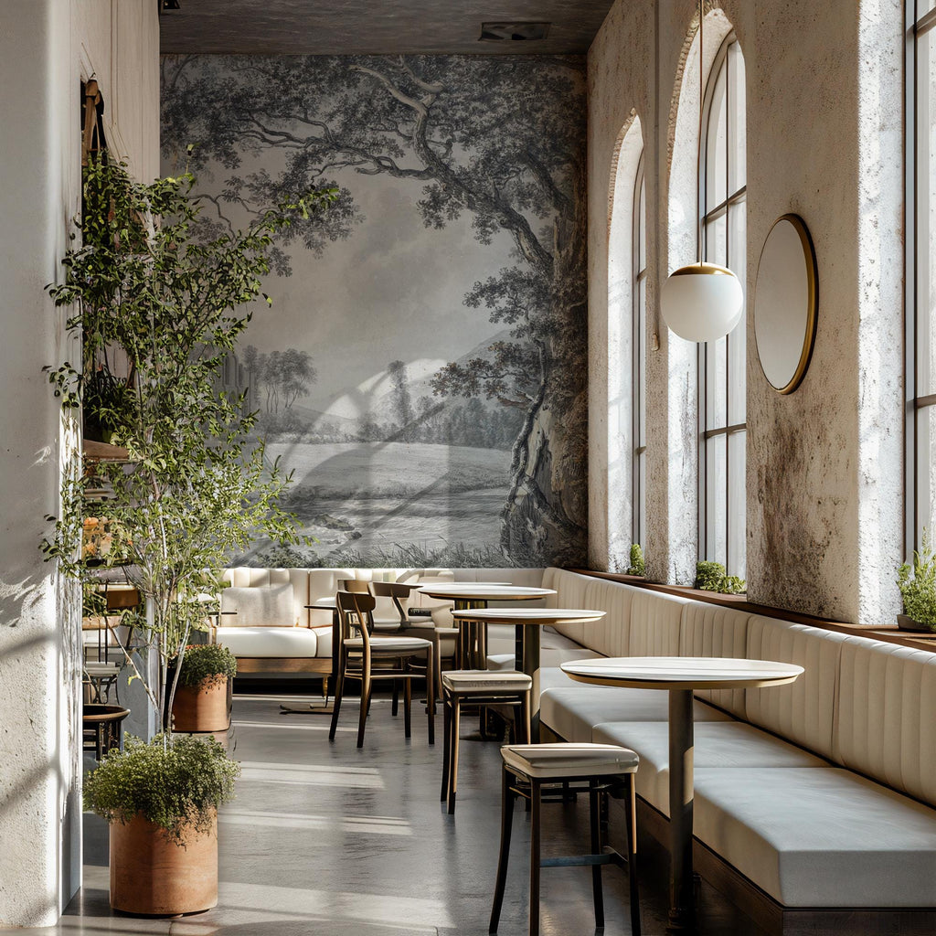 Vintage Grisaille Landscape Wallpaper Mural: Soft Grey Classical Scene, Custom Size - View 3