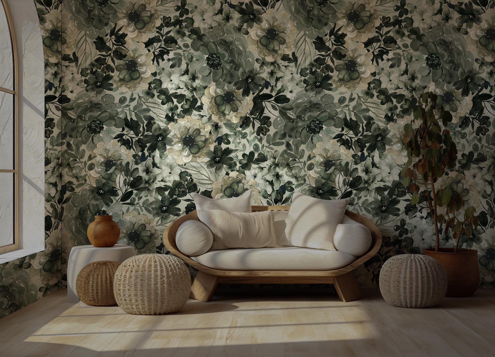 Green Botanical Wallpaper Mural: Vintage Floral Peel & Stick Wall Art - View 6