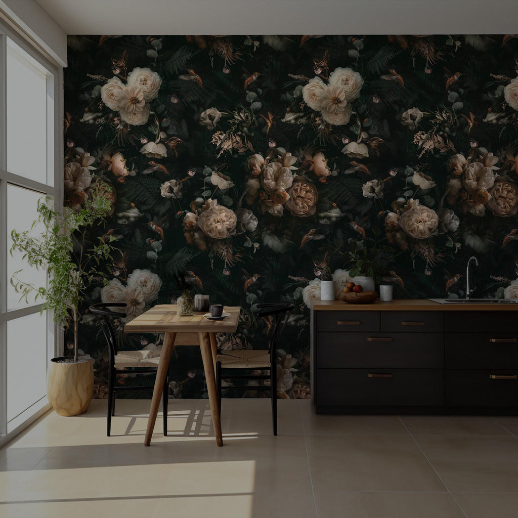Vintage Peony Wallpaper Mural: Dark Green Botanical Peel & Stick - View 2