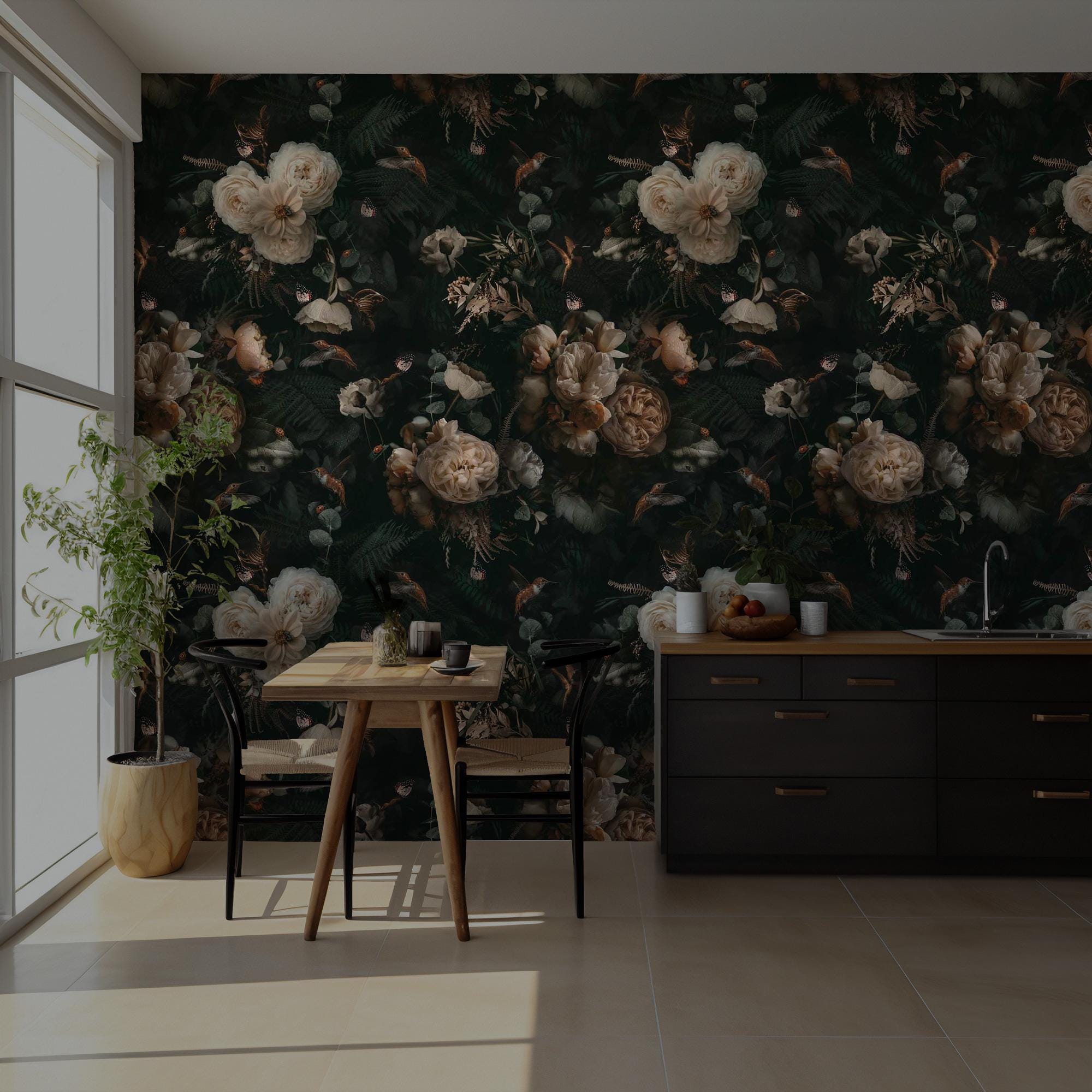 Vintage Peony Wallpaper Mural: Dark Green Botanical Peel & Stick - View 2