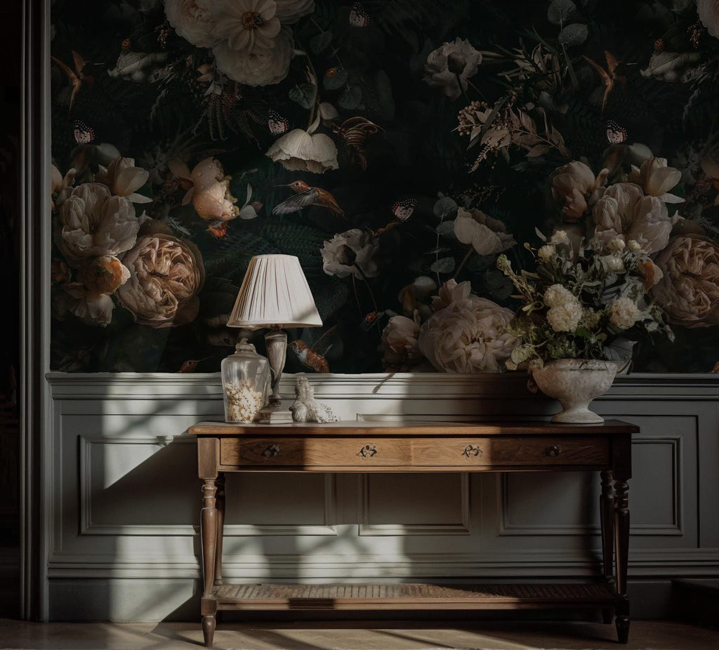 Vintage Peony Wallpaper Mural: Dark Green Botanical Peel & Stick