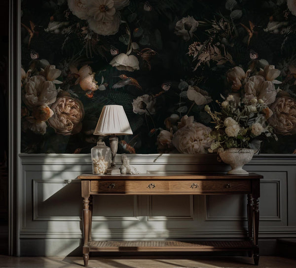 Vintage Peony Wallpaper Mural: Dark Green Botanical Peel & Stick