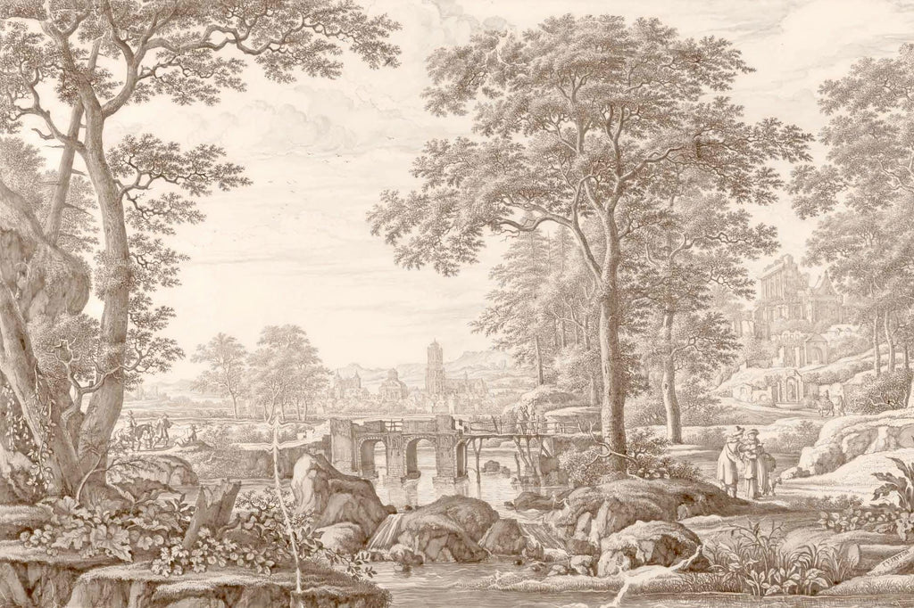 Vintage Countryside Landscape Wallpaper, Classical Bridge & Trees Peel and Stick Mural - View 8