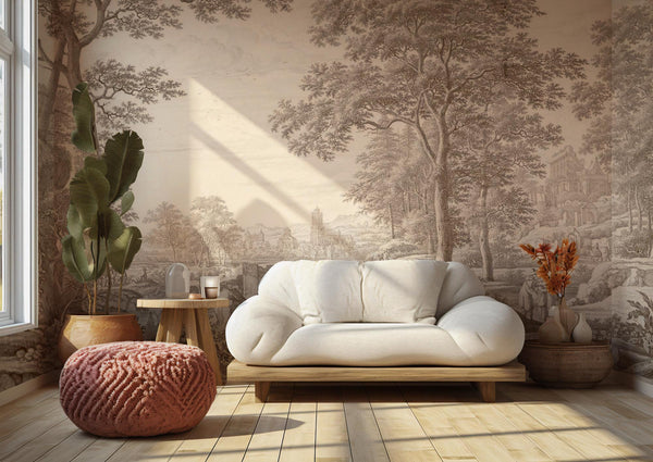 Vintage Countryside Landscape Wallpaper, Classical Bridge & Trees Peel and Stick Mural