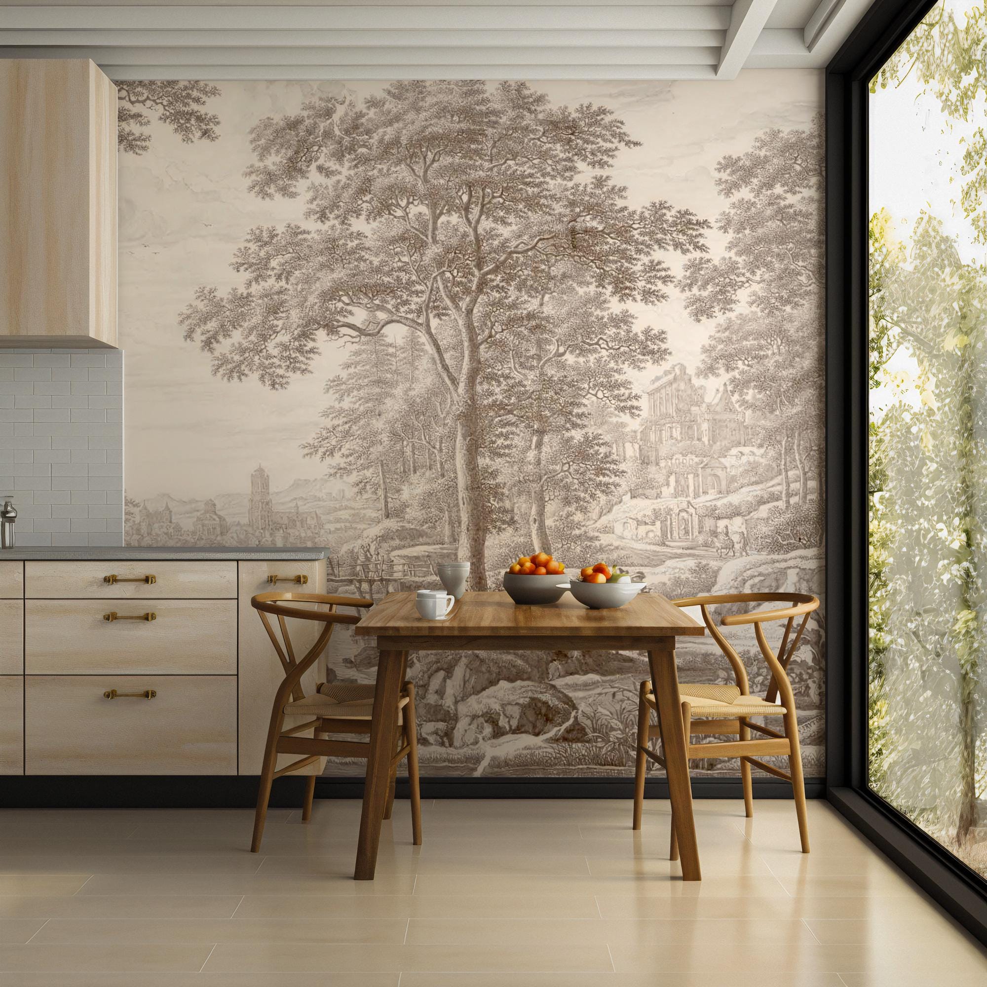 Vintage Countryside Landscape Wallpaper, Classical Bridge & Trees Peel and Stick Mural - View 4