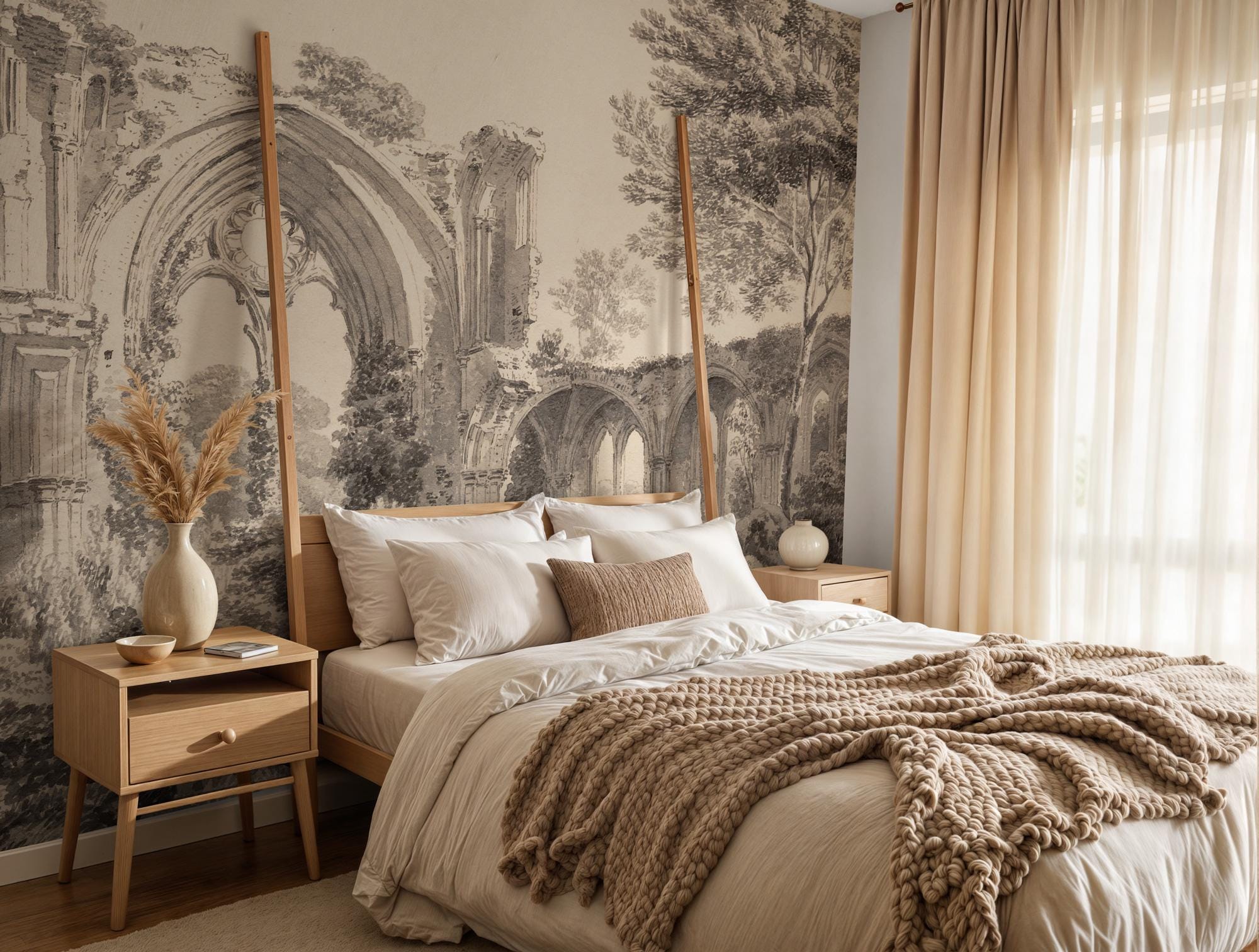 Vintage Beige Landscape Wallpaper: Moody Scenic Wall Mural, Custom Size Peel and Stick