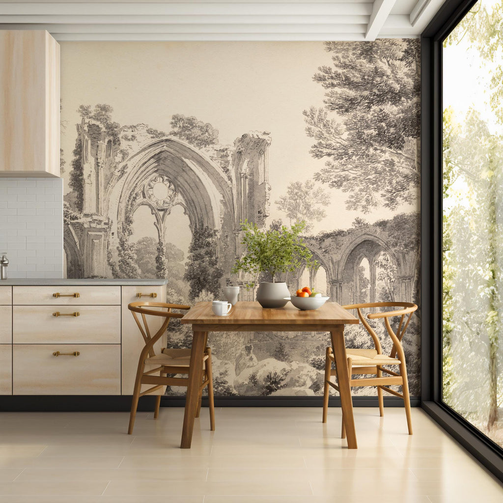 Vintage Beige Landscape Wallpaper: Moody Scenic Wall Mural, Custom Size Peel and Stick - View 2