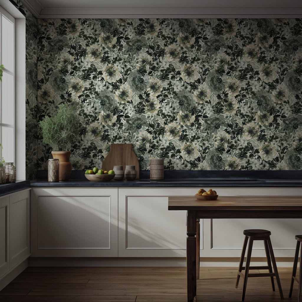 Green Botanical Wallpaper Mural: Vintage Floral Peel & Stick Wall Art - View 3