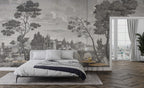 Vintage Grisaille Wallpaper Mural: Classical River Scene Peel and Stick