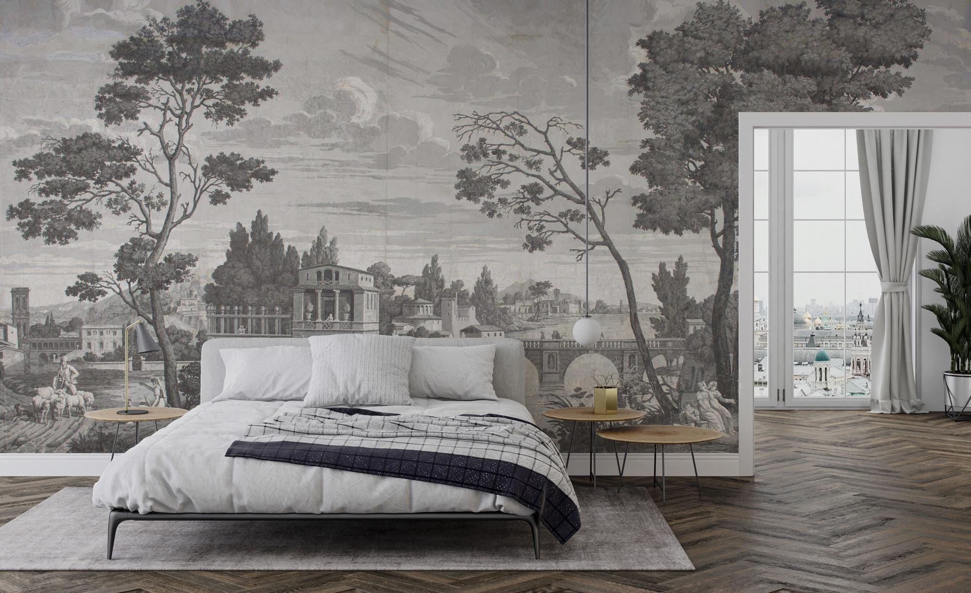 Vintage Grisaille Wallpaper Mural: Classical River Scene Peel and Stick