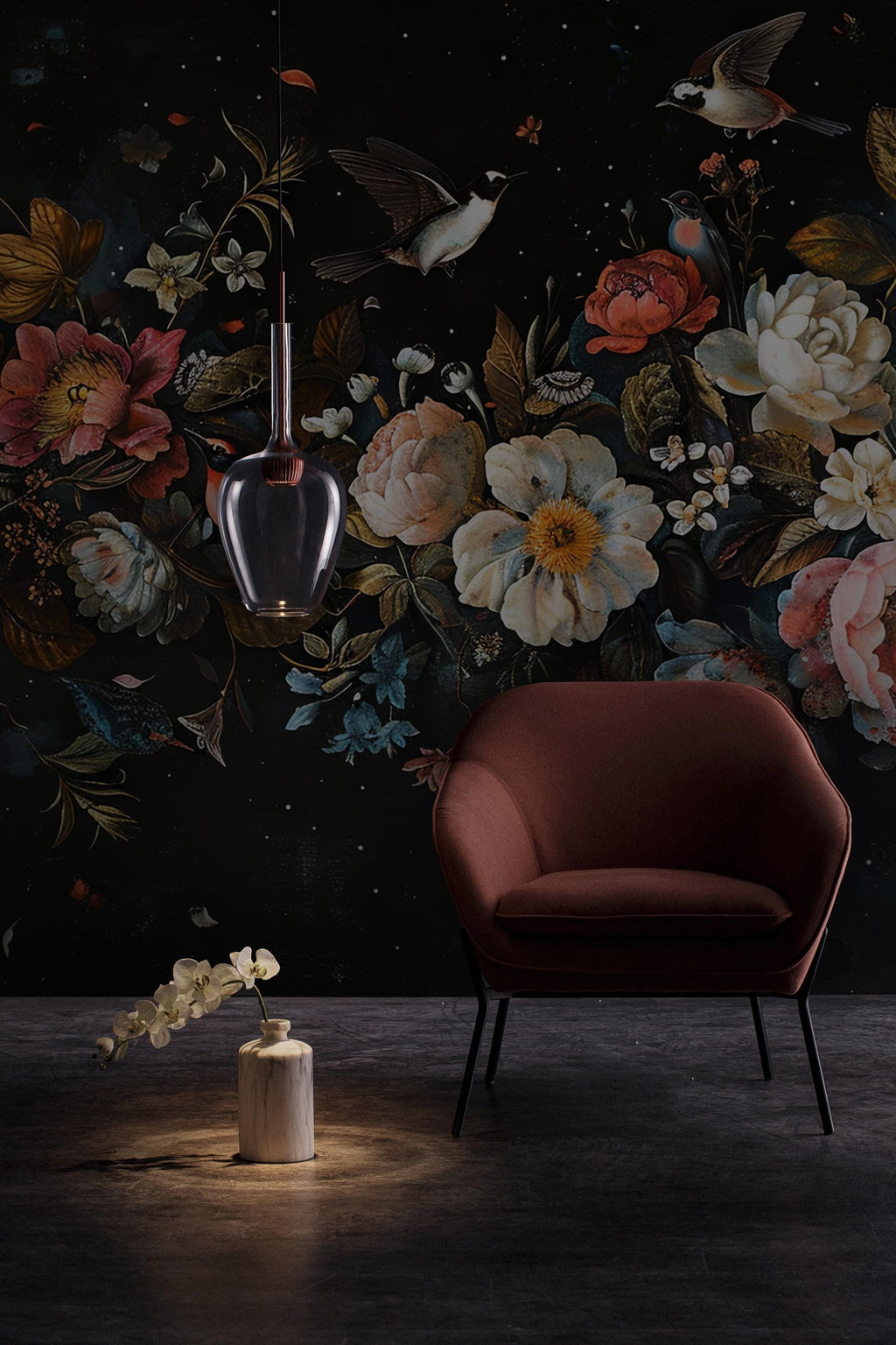 Dark Floral Peony Wallpaper Mural: Botanical Peel and Stick - View 4