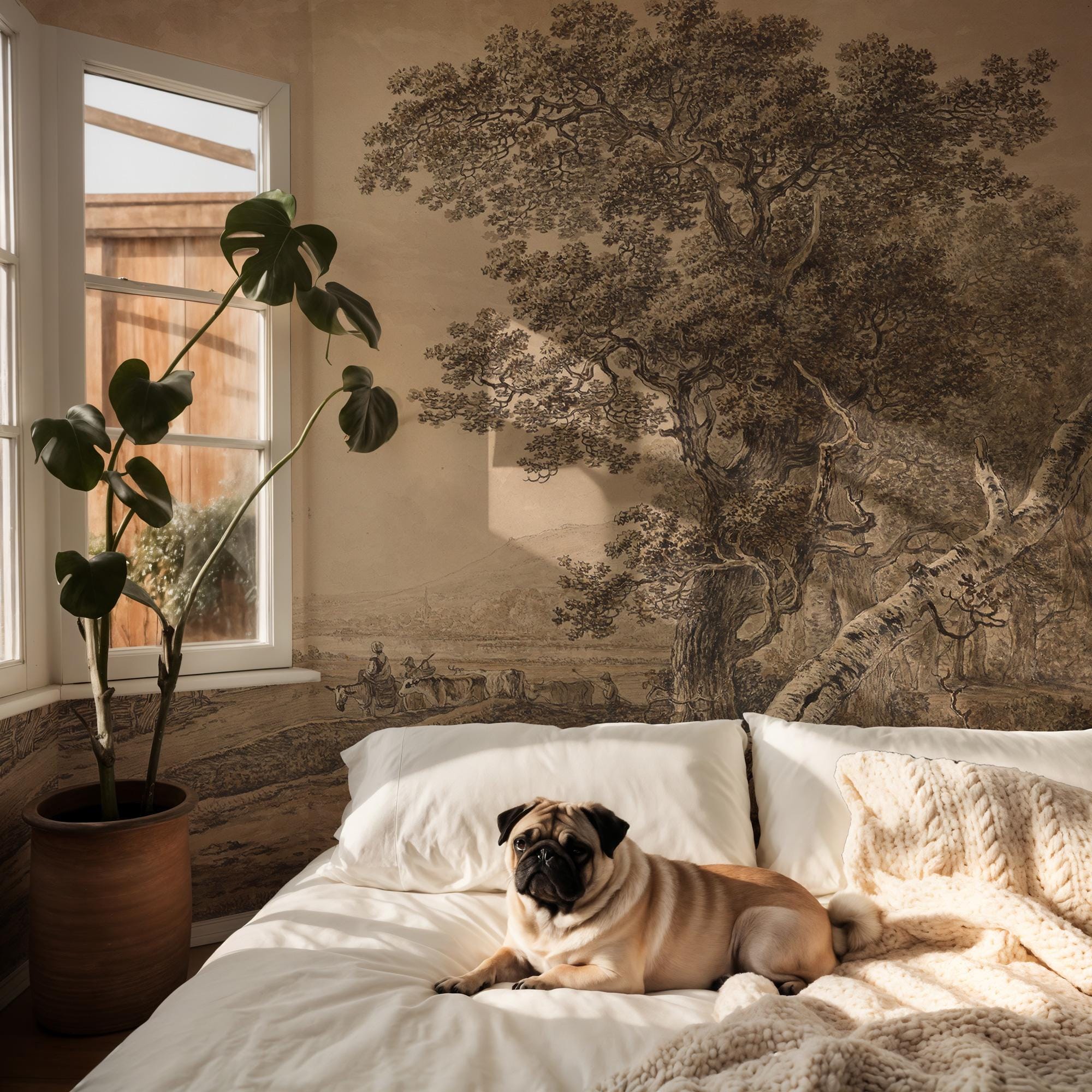 Vintage Countryside Peel and Stick Wallpaper Mural, Landscape Wall Mural