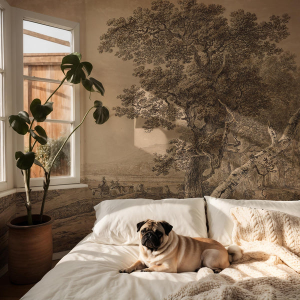 Vintage Countryside Peel and Stick Wallpaper Mural, Landscape Wall Mural