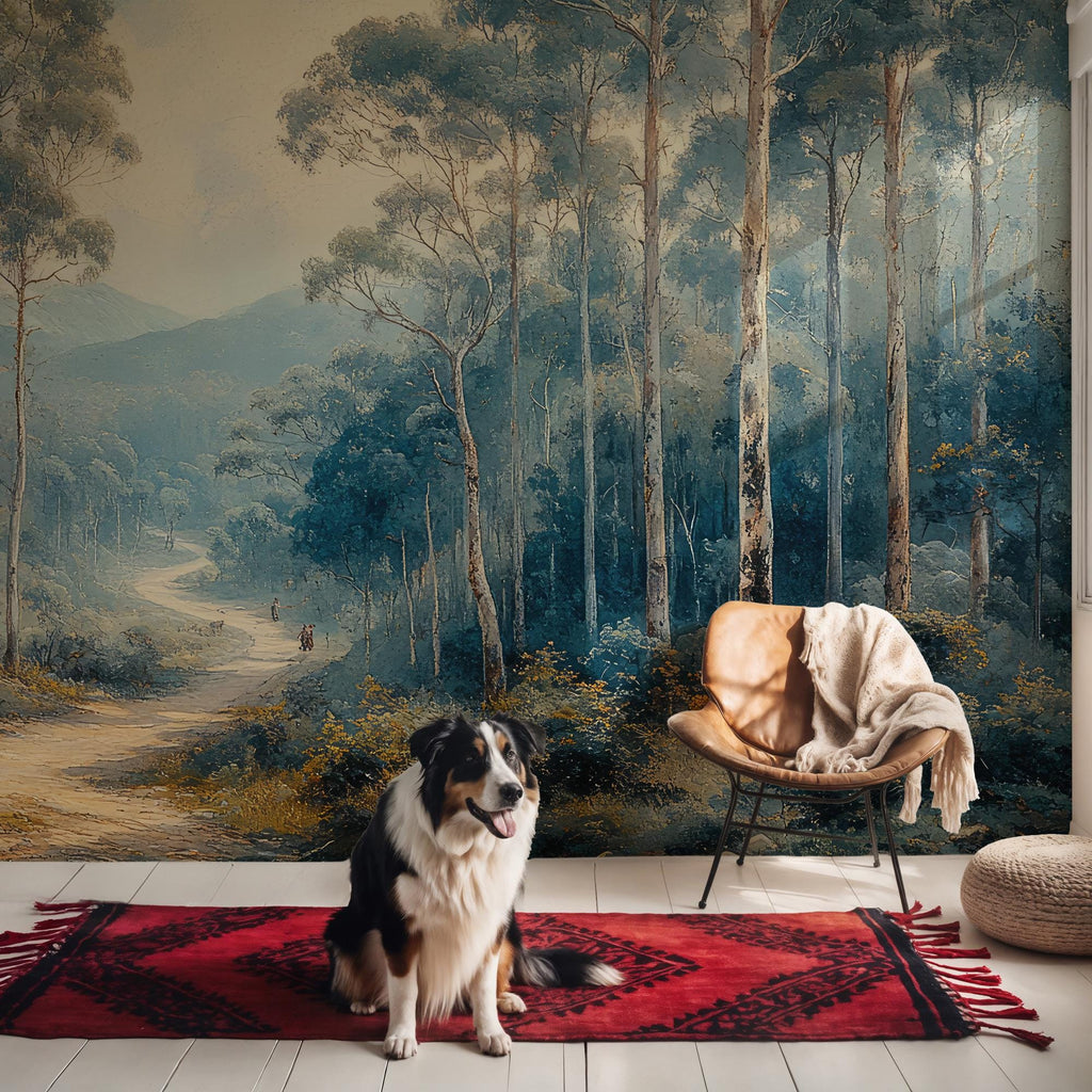 Forest Wall Mural: Misty Woodland Landscape, Peel and Stick Wallpaper