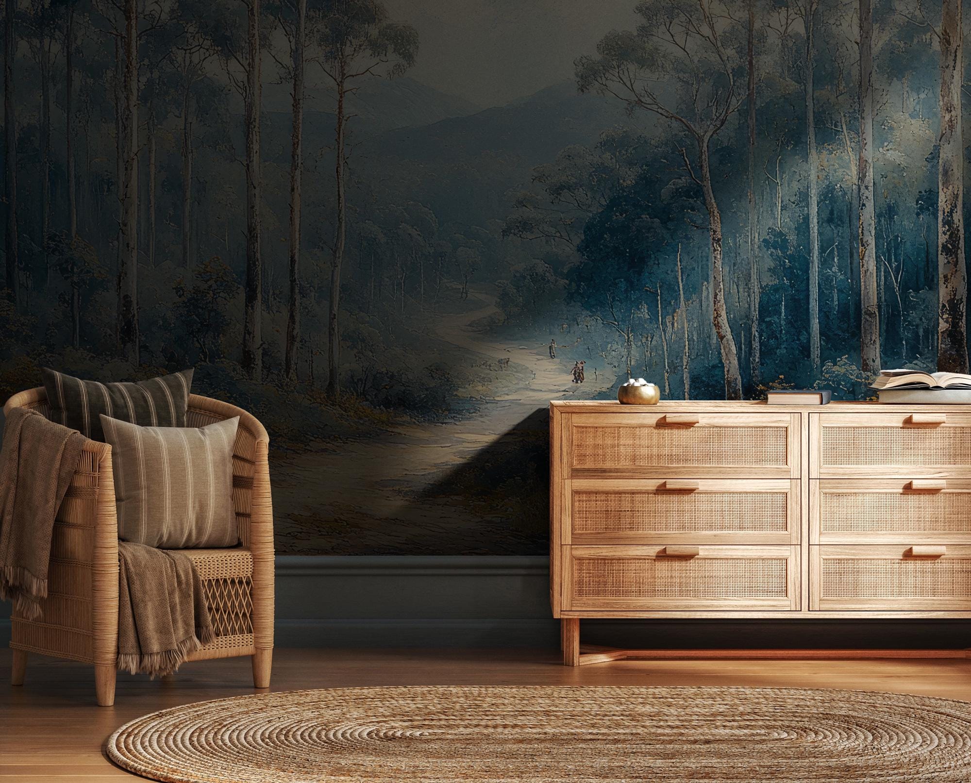 Forest Wall Mural: Misty Woodland Landscape, Peel and Stick Wallpaper - View 4
