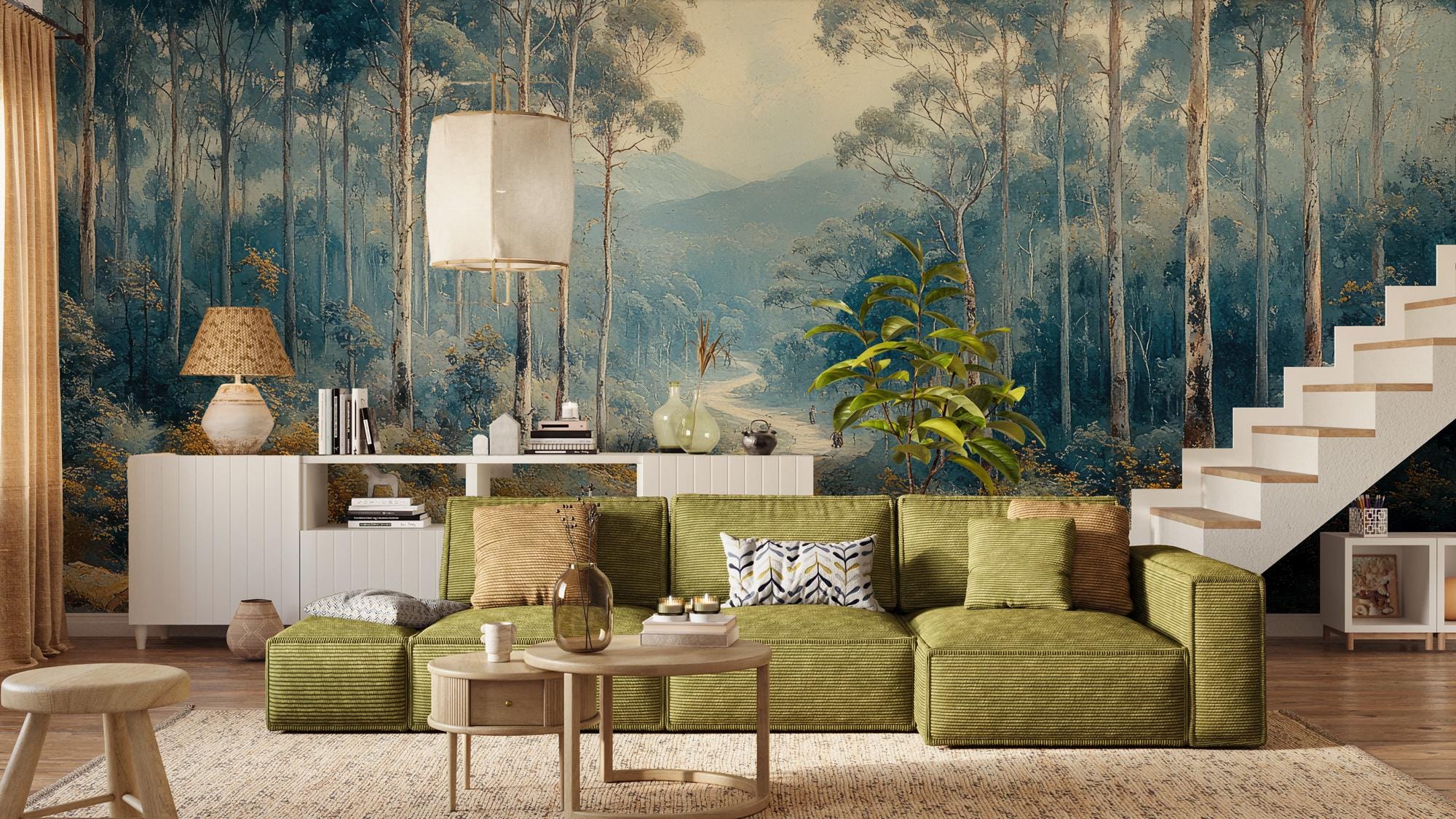 Forest Wall Mural: Misty Woodland Landscape, Peel and Stick Wallpaper - View 3