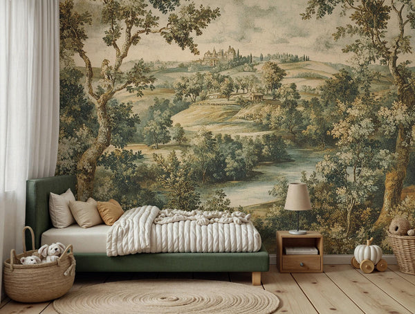 Vintage Countryside Scene Peel & Stick Wallpaper Mural: Pastoral Landscape