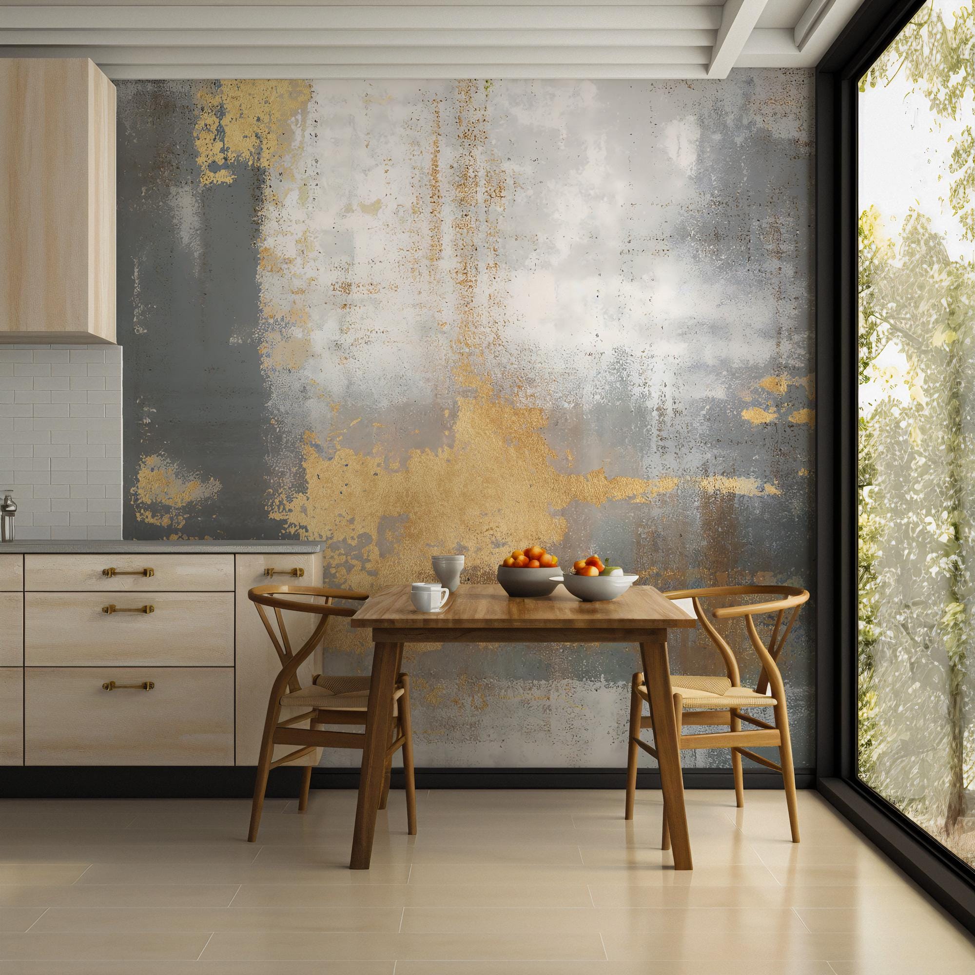 Abstract Gold & Gray Concrete Texture Wallpaper Mural: Metallic Accents - View 5